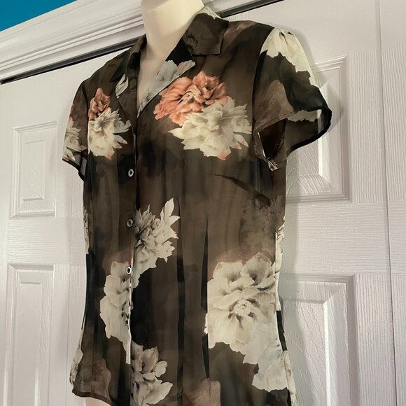 EVAN Picone cap sleeve Blouse Floral Semi Sheer button - Women's size 10 - Picture 2 of 13